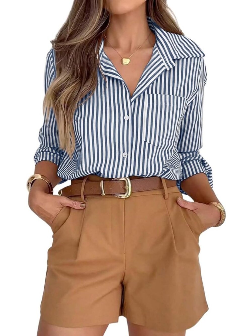 Women's Striped Button Down Dress Shirts Long Sleeves with Pocket Dark Blue